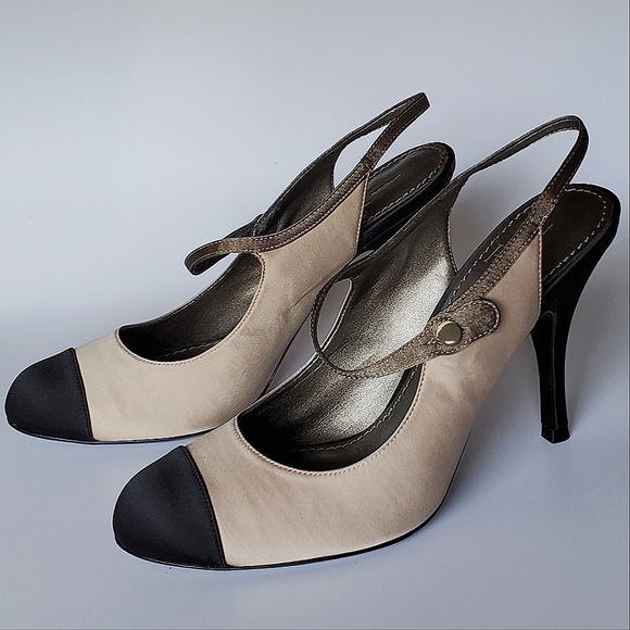 7.5M Linea Paolo Cap Toe Black Beige Olive Green Sling Back Satin Heels Unused - Picture 1 of 10